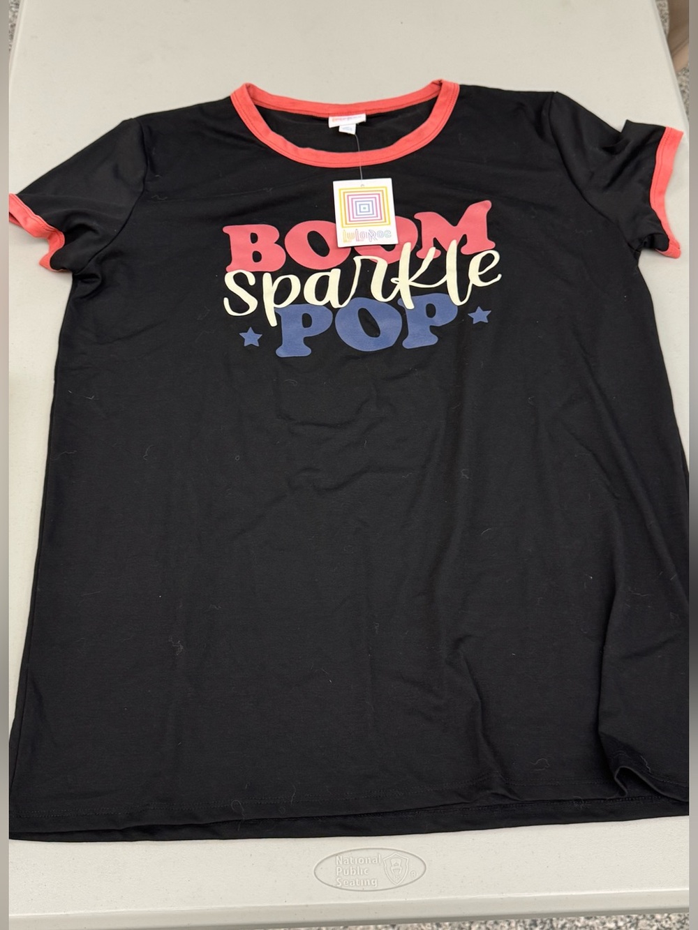 Lularoe Black Liv Tee shirt top BOOM Sparkle POP Graphic Ringer Tee  Coral Trim